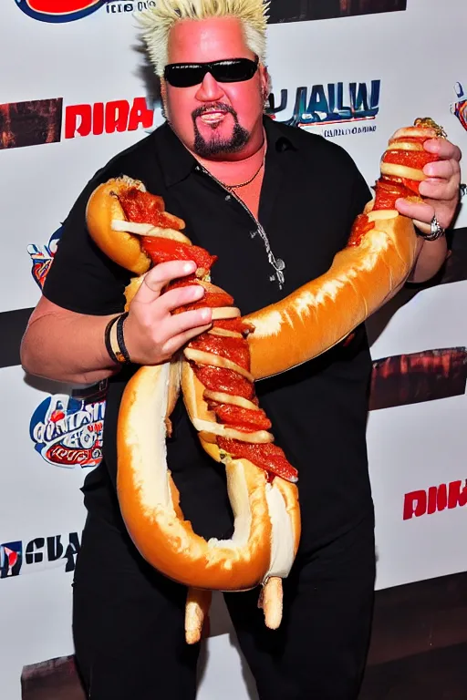 Image similar to guy fieri, dimly lit, stands in a hallway, cradling a guinness world record hot dog