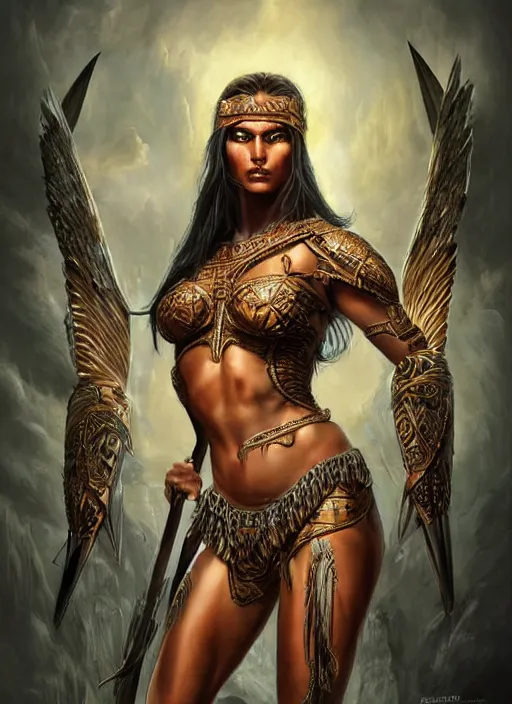 Prompt: a highly detailed symmetrical full body painting of a female amazon warrior with piercing beautiful eyes in dark tomb setting, dynamic lighting, ambient lighting, deviantart, art by artgerm and karol bak and mark brooks