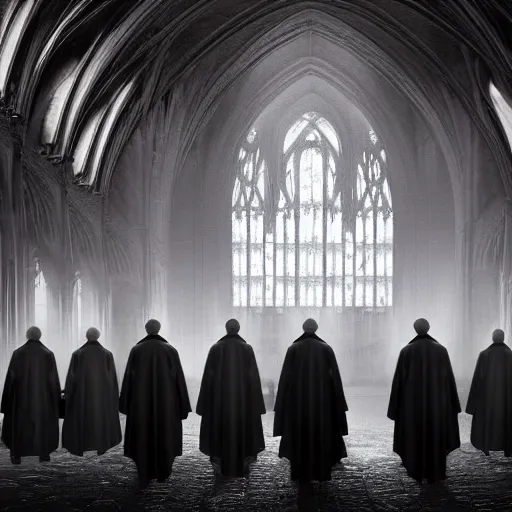 Image similar to a detailed matte painting of a group of 7 senior priests in black robes with their hood up and pitch black eyes, concept art, evil cathedral, incense smoke drifting through the air, portrait, artstation, volumetric lighting, exquisite detail, octane render, 8 k postprocessing
