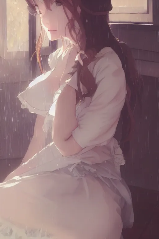 Prompt: a girl in a maid's outfit in the bedroom a night, raining outside the window, wavy white long hair, by krenz cushart and mucha and akihito yoshida and greg rutkowski and makoto shinkai and rei 0 7, detailed eyes, 4 k resolution