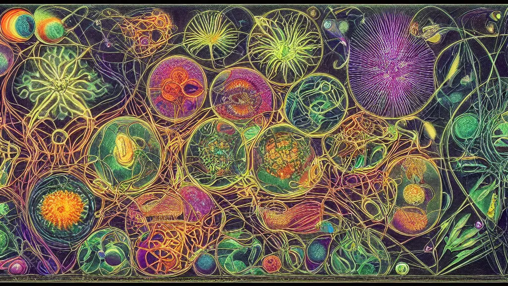 Image similar to quantum connections represented as symbiotic organisms like cells playing around with colorful lights by ernst haeckel, magnetic, chewy