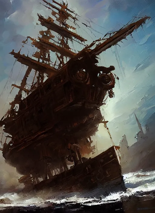 Image similar to oil painting with heavy impasto of a pirate ship and its captain, cosmic horror painting, elegant intricate artstation concept art by craig mullins detailed