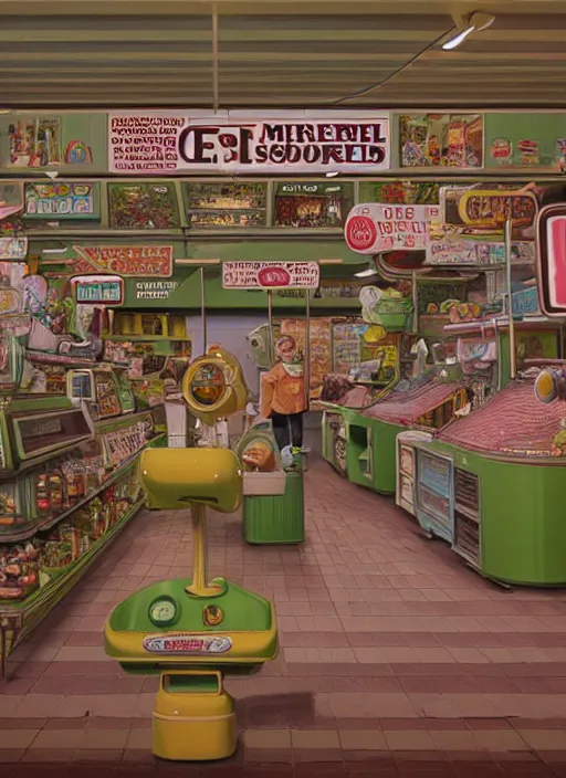 Image similar to highly detailed wide - angle, portrait of a 1 9 6 0 s retro supermarket, unreal engine, nicoletta ceccoli, mark ryden, earl norem, lostfish, global illumination, detailed and intricate environment