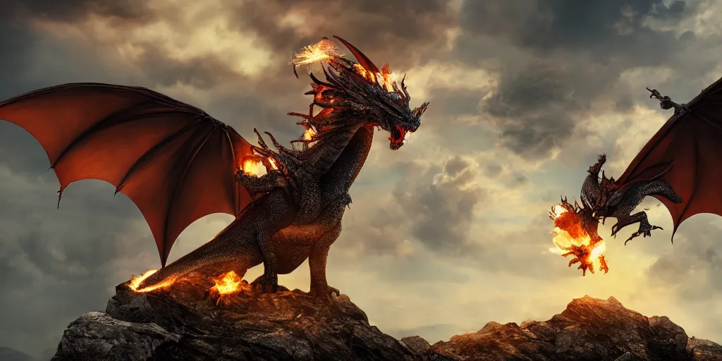 Prompt: A single dragon with half open wings breathing fire standing on the top of a mountain, epic composition, detailed and intricate image, cinematic, 4K
