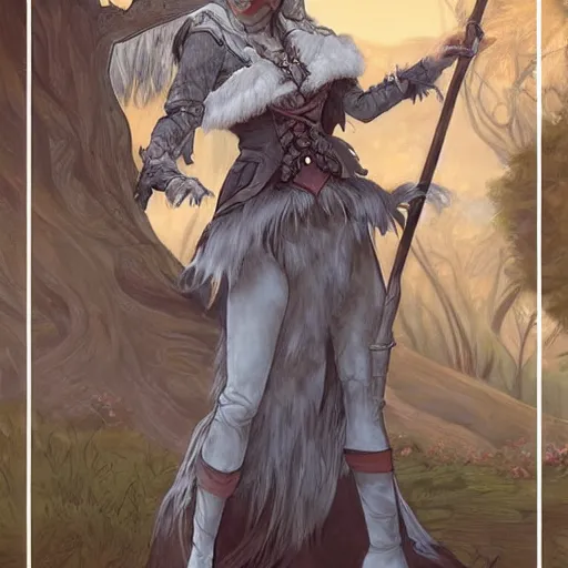 Image similar to detailed 2 d fantasy picture a woman with gray hear, using dead lion costume jacket, and holding long stick in the style of artgerm and greg rutkowski and alphonse mucha