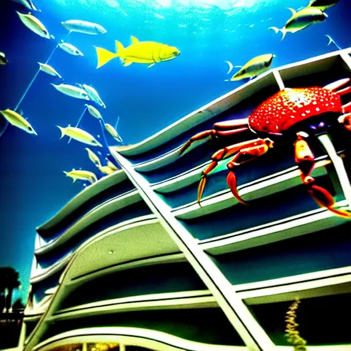 Image similar to 1 9 8 5 crab themed giant aquarium, googie architecture, one point perspective, americana, fishcore, exterior photography, hd 8 k, photography by ansel adams