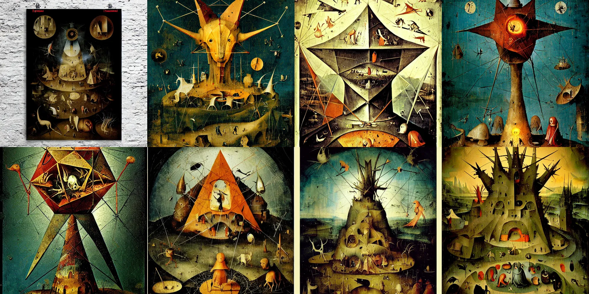 Prompt: an ancient create, by hieronymus bosch, by ismail inceoglu, poster, linocut, super - resolution microscopy, double - exposure, split - complementary - colors, 2. 5 d, ultra - hd, ideal polyhedron, polished, clathrus - ruber, favolaschia - calocera, on the path to enlightenment