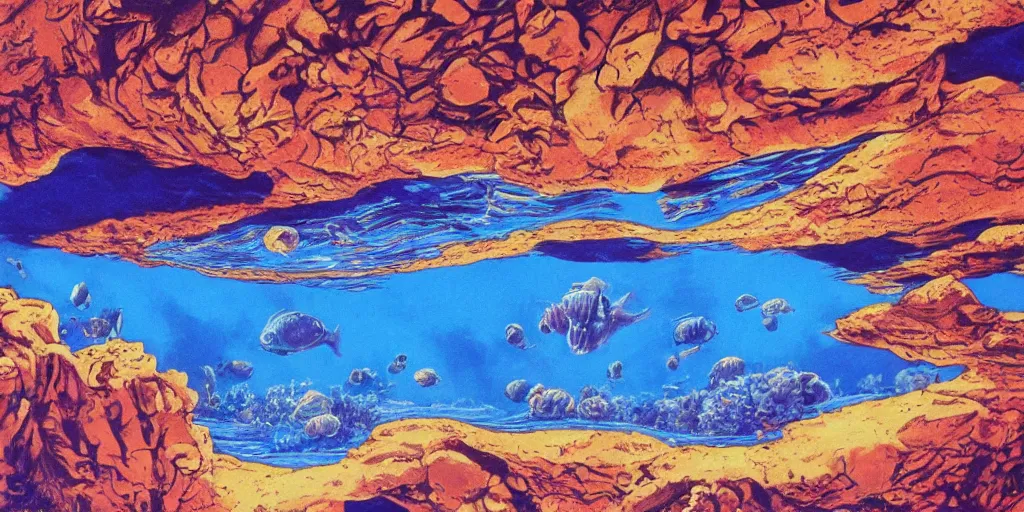 Prompt: a desert underwater super detailed acrylic painting, movie poster 7 0's