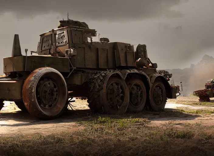 Prompt: armored! battle tractor! with plow! and weapons!, realistic, detailed, military, unreal engine, rendered, trending on artstation