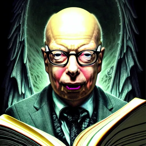 Image similar to uhd photorealistic dark scifi illustration of klaus schwab, reading necronomicon, wearing bizarre voodoo makeup. cinematic lighting, intricate makeup, swirling ghosts, in the style of akira toriyama, beksisnski, amano and karol bak, evil, fantasy, hyperdetailed.