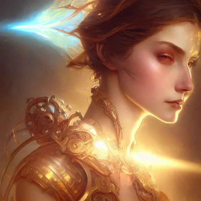 Prompt: close up portrait of a beautiful fantasy female warrior, shiny, glowing hair, subsurface scattering, artistic, magical background with light rays, fantasy atmosphere. art by artgerm, greg rutkowski and alphonse mucha, highly detailed, intricate, lifelike. sci - fi, fantasy, magical, octane render,