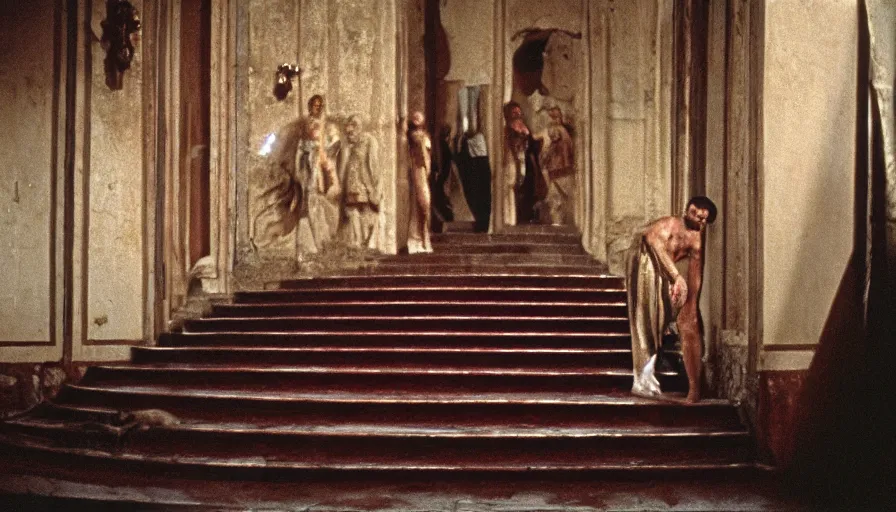 Prompt: movie still by tarkovsky of caligula poniard to death by senators on ancient stairs blood flowing, cinestill 8 0 0 t 3 5 mm, high quality, heavy grain, high detail, dramatic light, ultra wide lens, anamorphic