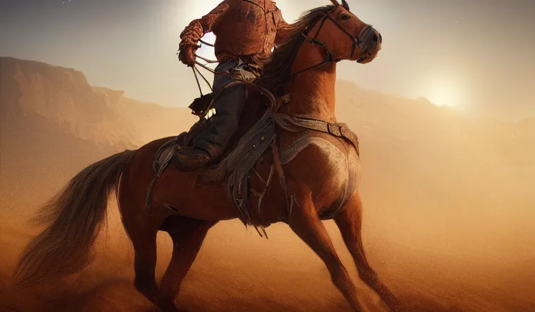 Image similar to cowboy ridding through the desert on a horse, sharp focus, intricate, elegant, digital painting, artstation, matte, highly detailed, concept art, illustration, volumetric lighting, bokeh light, art by greg olsen and liz lemon swindle