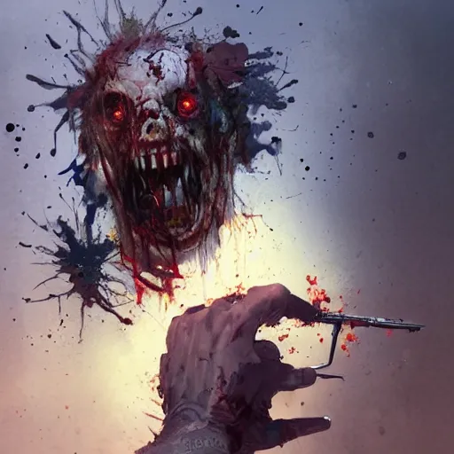 Prompt: a men shooting at a zombie the zombie head exploded because of the bullet by greg rutkowski