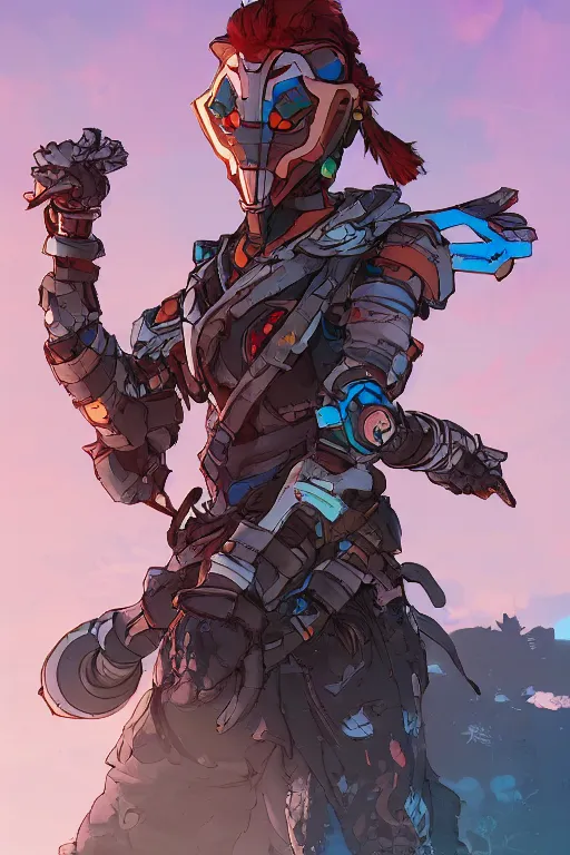 Image similar to combination suit armor aloy horizon forbidden west horizon zero dawn robot ninja mask helmet backpack tribal, art gta 5 comics, official fanart behance hd artstation by jesper ejsing, by rhads, makoto shinkai and lois van baarle, ilya kuvshinov, ossdraws radiating a glowing aura cgi rtx 2 0 2 2