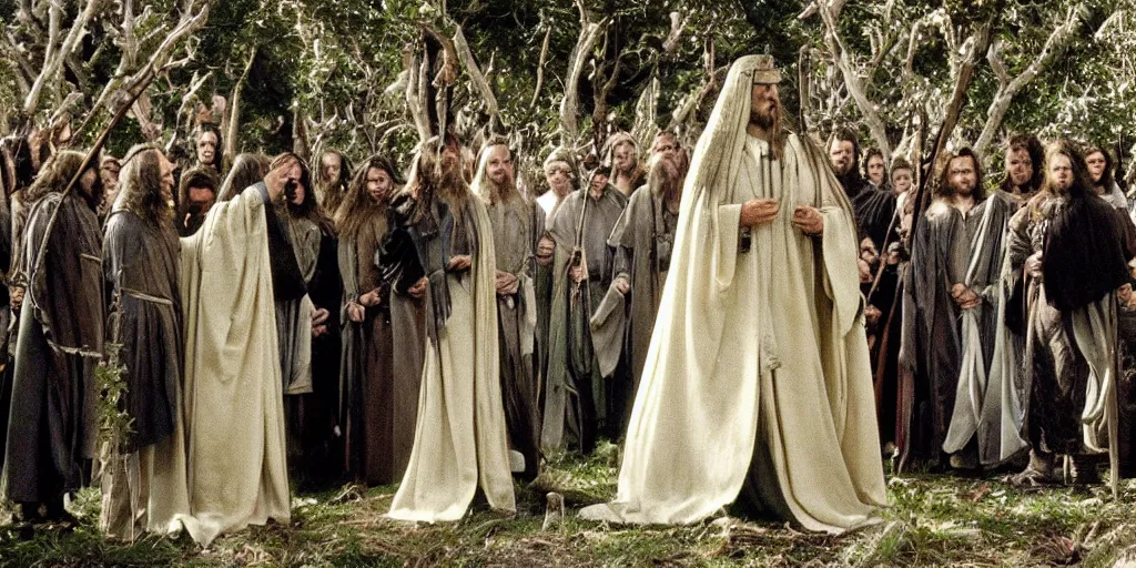 Image similar to 35mm picture of Aragorn being crowned king under the white tree of Minas Tirith, lord of the rings