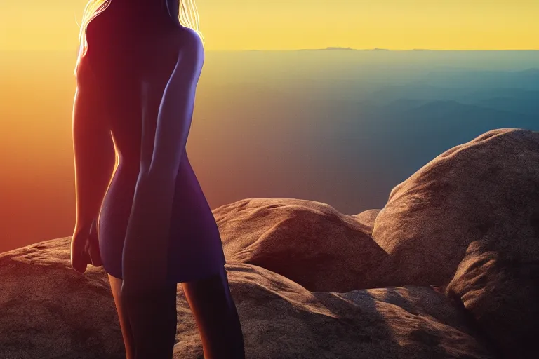 Image similar to a strange creature holding a source of light in her hands she is on top of a mountain, contemplating her existence in a beautiful sunset near dusk, unreal engine, hyper realism, realistic shading, cinematic composition, blender render, octane render