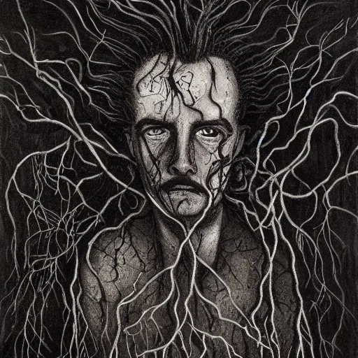 Image similar to award - winning painting of a edgar alan poe, infested with pitch black, tar - like, shadow roots with lots of tendrils on the skin, black veins, intricate detail, deep black roots, infestation, shadowy, lovecraftian, beksinksi, black and white, chiaroscuro, full body shot