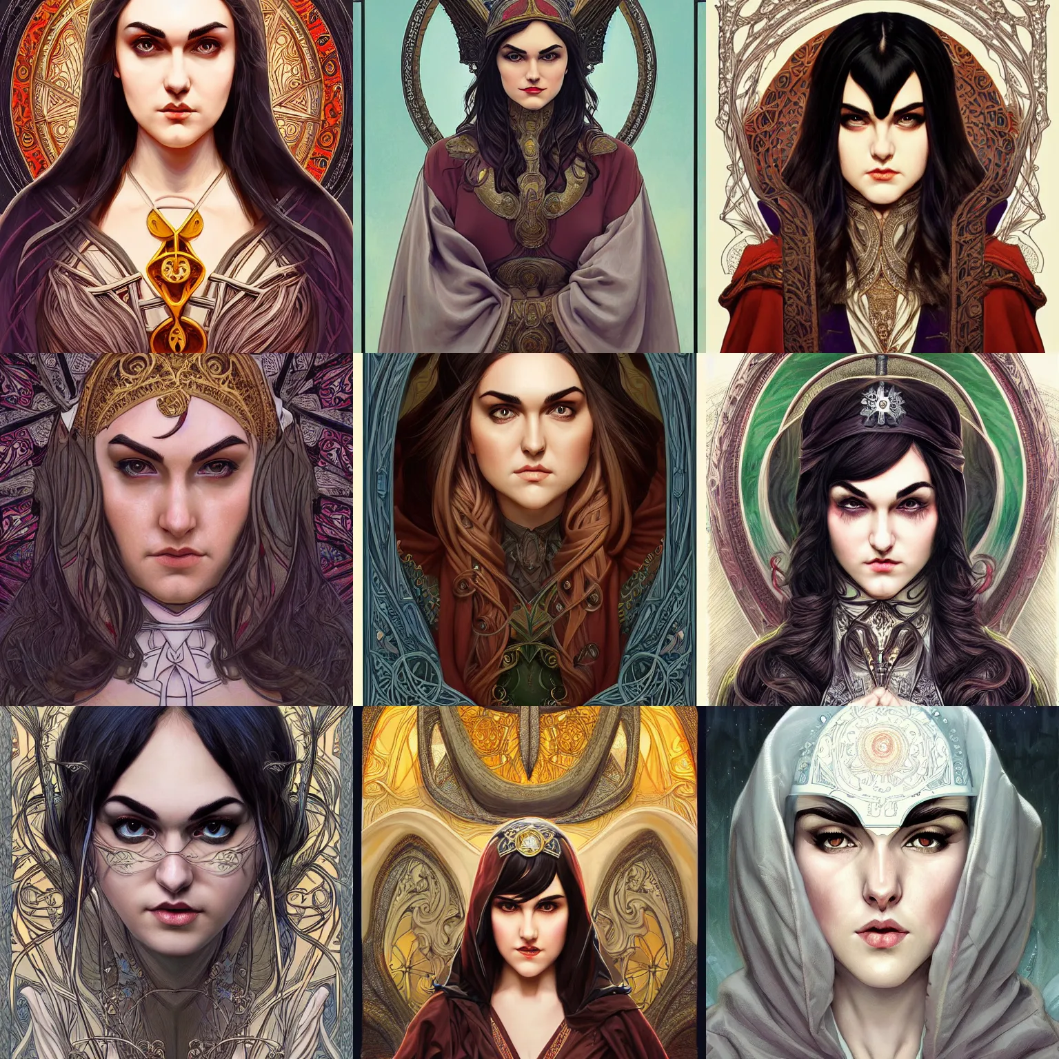 Prompt: head-on symmetrical centered painted portrait, Sasha Grey as a D&D wizard, art nouveau, medieval robes, fantasy, intricate, elegant, highly detailed, smooth, sharp focus, illustration, artstation, in the style of Artgerm and Anna Podedworna and Alex Ross and Mucha