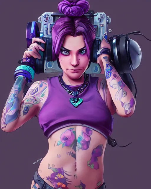 Image similar to beautiful female purple hair tattoo symmetrical face eyes headset twitch streamer full length fantasy art apex fortnite Video game icon, 2d game art gta5 cover , official fanart behance hd artstation by Jesper Ejsing, by RHADS, Makoto Shinkai and Lois van baarle, ilya kuvshinov, rossdraws