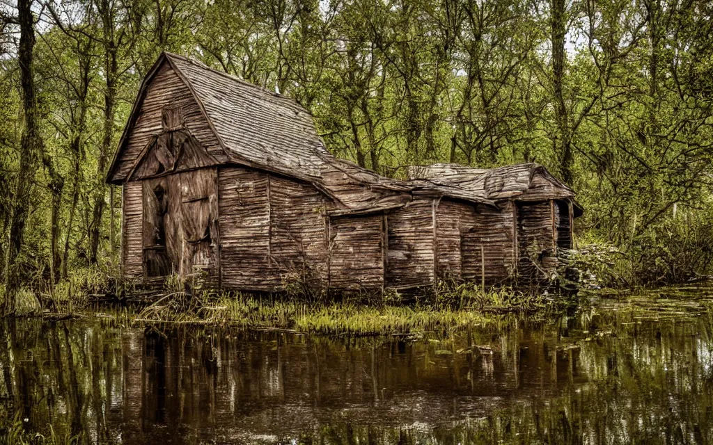 Prompt: an old rotten wooden chapel in a swamp, realistic, old color photograph, dynamic composition, creepy