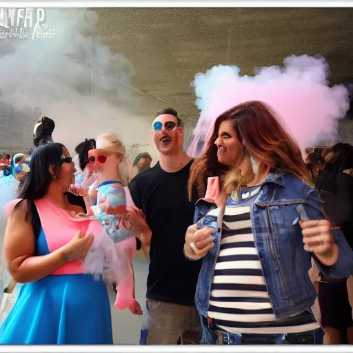 Prompt: World Trade Center Gender Reveal Party, the smoke is colourful