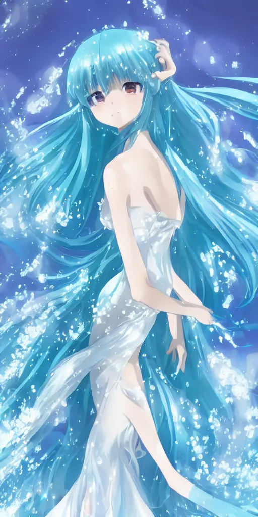 Image similar to a very beautiful anime girl wearing a elegant dress made of water standing in a azure blue crystal lake , full body, long white hair with azure blue highlights blending into the dress , azure blue watery eyes, full round face, seductive over the shoulder glances ,soft smile,tears, lens flare, cinematic lighting, medium shot, mid-shot, highly realistically detailed, trending on artstation, Unreal Engine 4k, Stanley Artgerm Lau, WLOP, Rossdraws, James Jean, Andrei Riabovitchev, Marc Simonetti, and Sakimichan