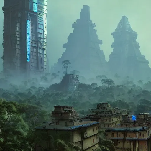 Image similar to mayan cyberpunk city in the center of redwood forest, viewed from a distance, shadow of the colossus screenshot by j. c. leyendecker, simon stalenhag, studio ghibli, and beksinski