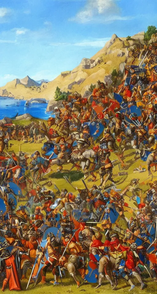 Image similar to colorful simple wideshot of a small medieval battle in front of a beautiful large blue mountainscape, painting