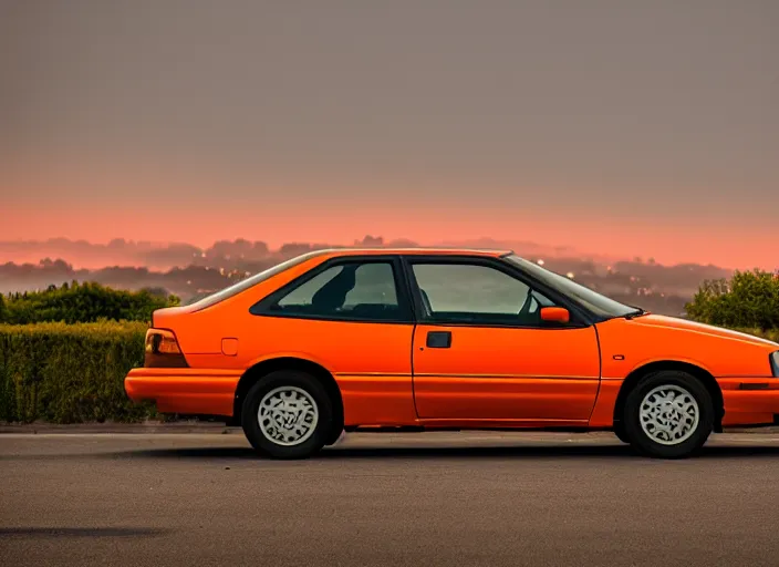 Image similar to a orange 1990 Honda Civic with tinted windows in the Bay Area California, dusk, high definition