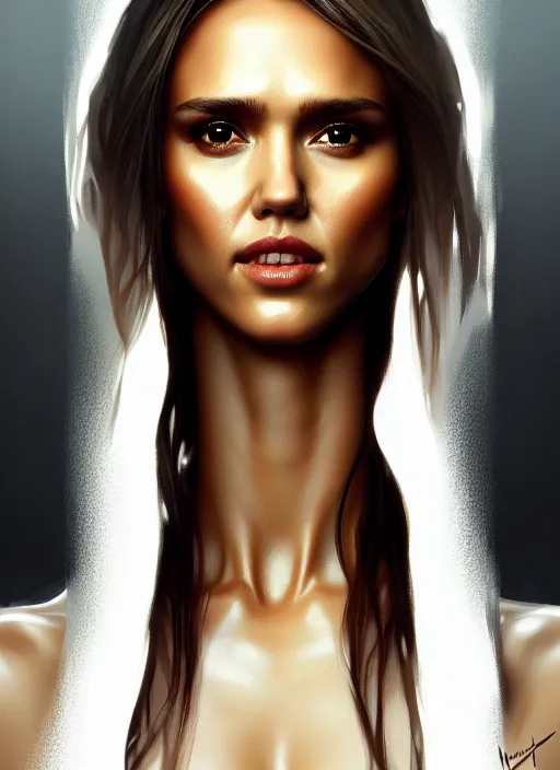 Prompt: half Jessica Alba half Nathalie Portman the pure white demon, overlord, overlord season 4, body portrait, slight smile, autumn lights, highly detailed, digital painting, artstation, concept art, sharp focus, illustration, art by wlop and greg rutkowski and alphonse mucha and artgerm