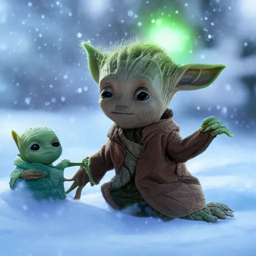 Prompt: Baby Groot and Baby Yoda are building a snowman together, hyperdetailed, artstation, cgsociety, 8k
