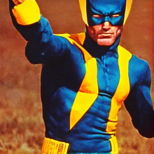 Prompt: 8 0 s, vhs, vintage movie, grain, clint eastwood as wolverine in blue and yellow costume,