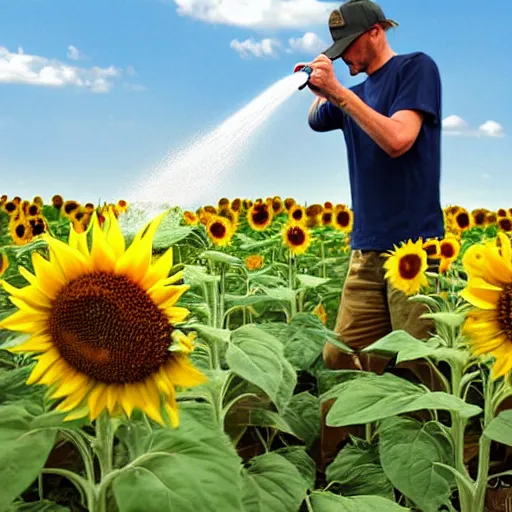 Prompt: a realistic photograph of Crazy Dave watering a Sunflower