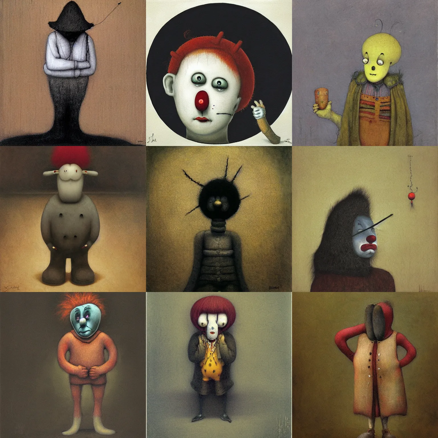 Prompt: depressed clown by shaun tan, style of john bauer