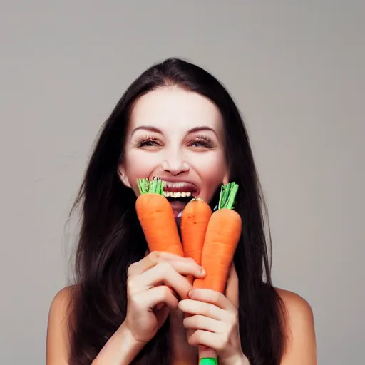 Prompt: woman with carrots instead of teeth, toothbrush advertisement