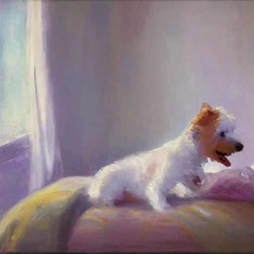 Image similar to An impressionist paining of a small white dog waking up a 22 year old girl from sleep. Morning light in room. Clumsy room. Long shot. Highly Detailed. Cute. Happy.