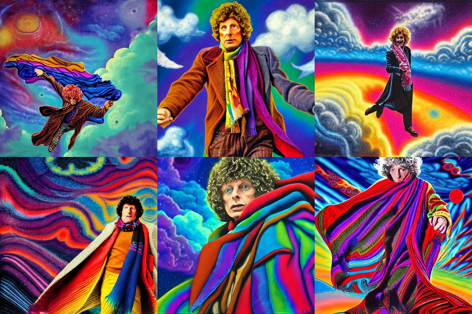 Image similar to tom baker using his scarf to fly, psychedelic, clouds, 4 k, intricate high details, sharp