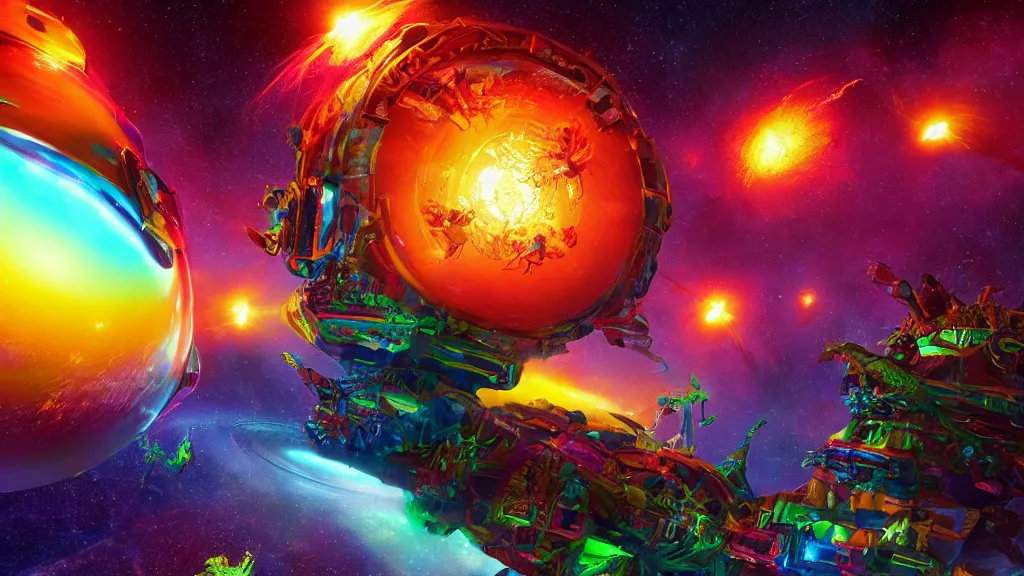 Prompt: An epic beautiful digital artwork of an ancient terrifying God in space, consuming and eating and destroying a futuristic colorful spacestation. Bright explosions. By Ken Fairclough and Dylan Cole and John Harris, trending on behance, trending on artstation, award winning. PBR, path tracing, octane render, highly detailed.