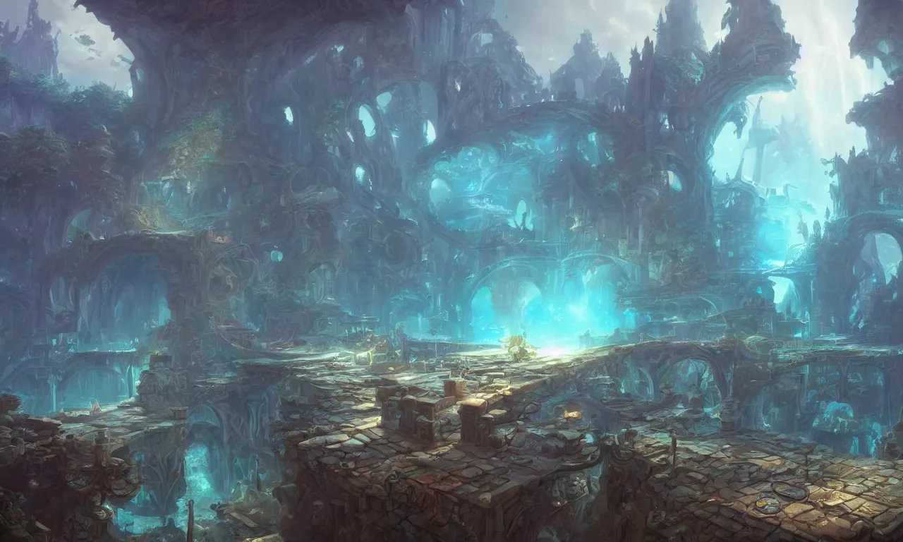 Image similar to a beautiful painting of a lost temple of the underwater world, atlantis, light effect, by tyler edlin and greg rutkowski, unreal engine, trending on artstation