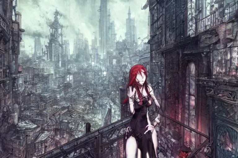 Image similar to goth woman in front of city, color page, tankoban, 4 k, tone mapping, akihiko yoshida, james jean andrei riabovitchev marc simonetti, yoshitaka amano, long hair, curly, h. hydrochaeri