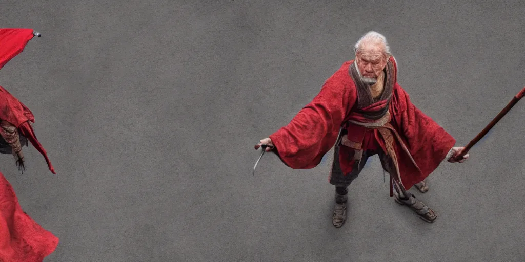 Image similar to overhead mid shot cinematic artwork of an old Caucasian man on a battlefield with a staff and wearing robes looking to a vast ancient Chinese army wearing red armor and holding red flags in the distance by greg rutowski, masterpiece, fantasy, 4k