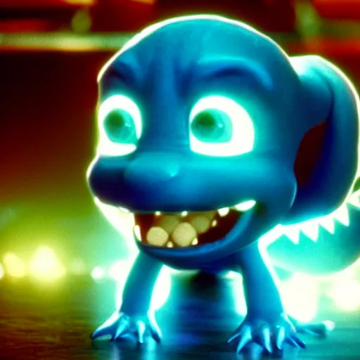 Image similar to cute smiling pixar and chibi style electric blue scaled glowing baby dinosaurs in tron movie, cinestill