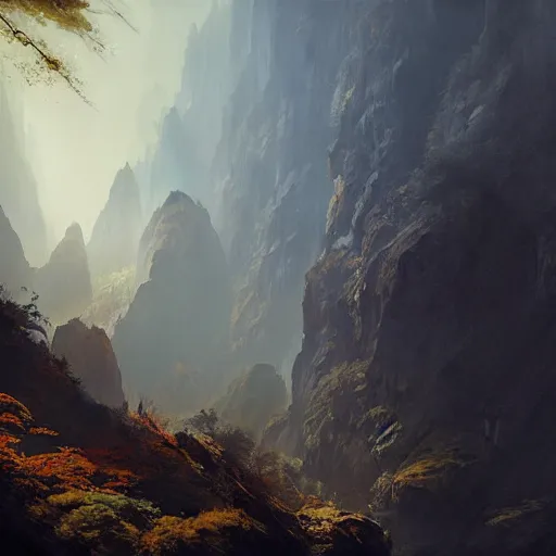 Image similar to forested mountain range with a few deep valleys and lots of caves, mysterious atmospheric lighting, painted, intricate, volumetric lighting, rich deep colours masterpiece, sharp focus, ultra detailed, by ruan jia and greg rutkowski