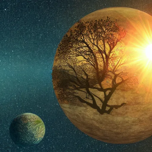 Prompt: a photorealistic landscape of a planet with tree sun