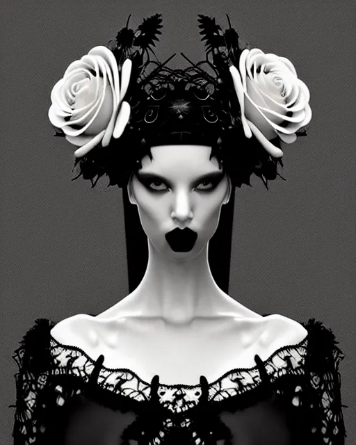 Prompt: dreamy surreal poetic black and white 3D render of a beautiful young porcelain female-creature-cyborg-vegetal with a very long neck and a super big gothic web lace collar filled with small dead flies and a very high big floral crown with many black dry roses:: smoke, high fashion, haute couture, rococo, avant-garde, elegant, dreamy, hyper realistic, 150 mm lens, soft rim light, octane render, unreal engine, volumetric lighting, dramatic light,8k,