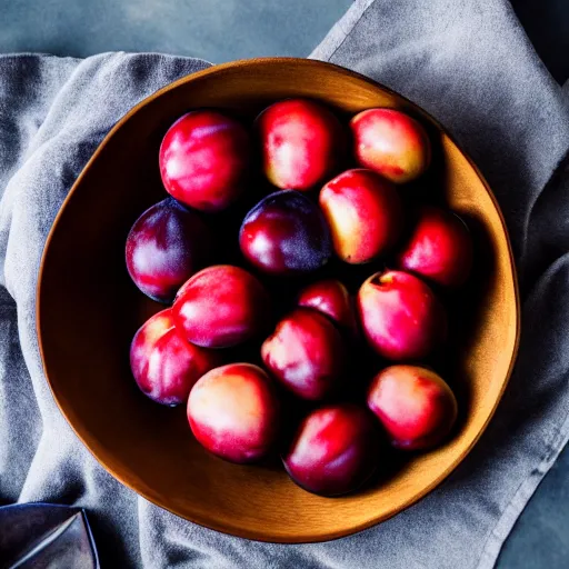 Image similar to photo of a thick porcelain bowl filled with a few moist freshly picked plums on a wooden table. volumetric lighting. 4 k. small scale. realistic. top down.