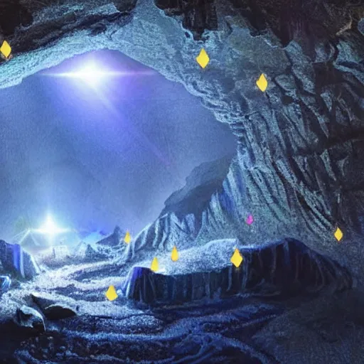 Image similar to a diamond mine, lots of diamonds unearthed, a lights is being reflected all around the dark cave mine, luminous Color’s, murial art, concept art.