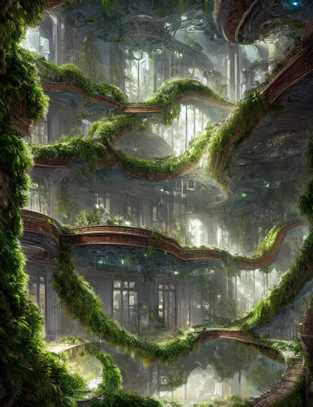 Prompt: a beautiful illustration of a fluid form future mansion with hanging gardens, trending on artstation, digital art, 4 k resolution, detailed, high quality, sharp focus, hq artwork, coherent, insane detail, character portrait