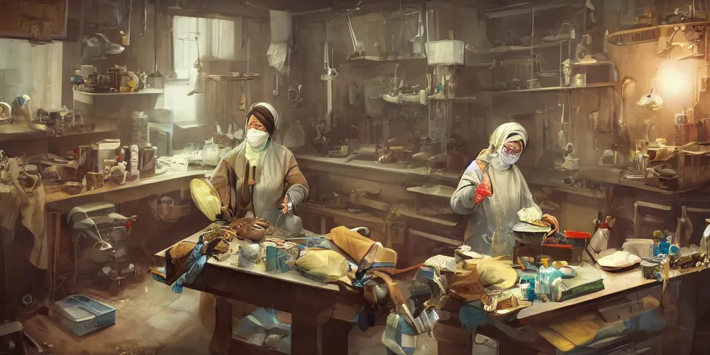 Image similar to an environmental concept art of a babushka surgeon in a cluttered mechanics workshop, surgical impliments, surgery table, highly detailed, cinematic, dramatic